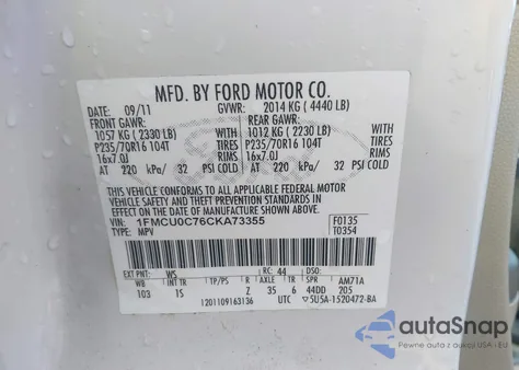 2012 Ford Escape Xls z USA, uszkodzony, nr VIN 1FMCU0C76CKA73355